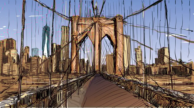 Color sketch of New York City's Brooklyn Bridge cityscape vector