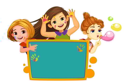 Three happy little girls with blank board vector