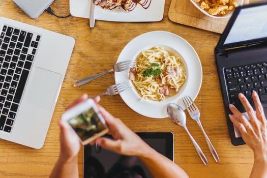 Workers eat during meetings in a cafe photo