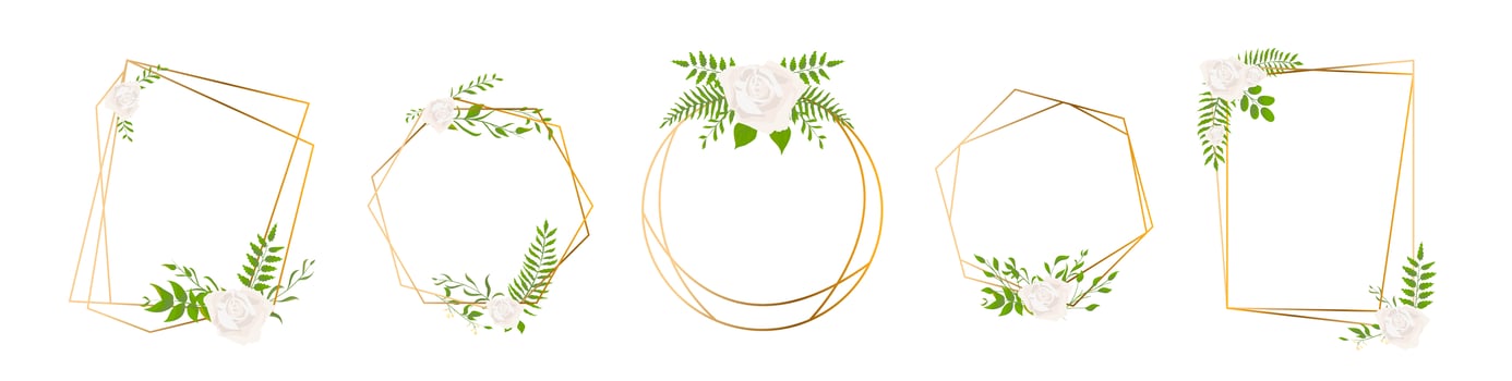 Gold geometrical polyhedron leaf and rose frames vector