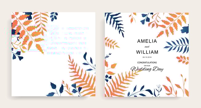 Wedding floral invite set with blue and orange leaves vector