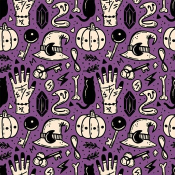 Halloween seamless pattern in purple, beige and black vector