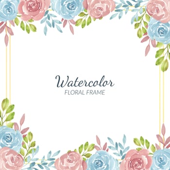 Watercolor rustic rose flower border and gold frame vector