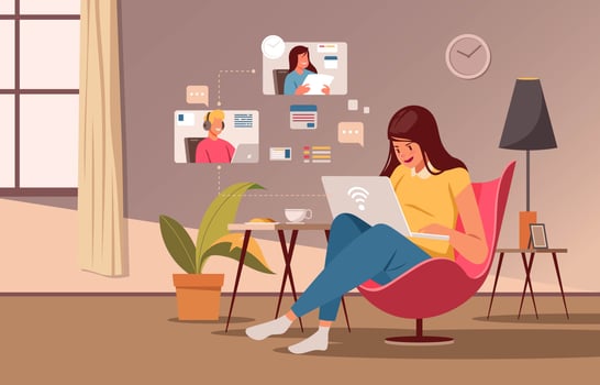 Young woman working on laptop at home vector