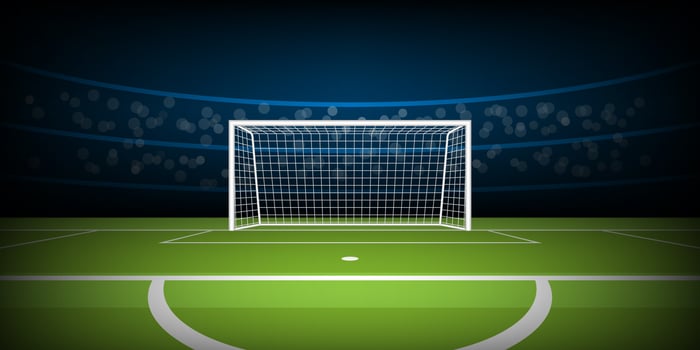 Soccer or football stadium with goal from penalty position vector