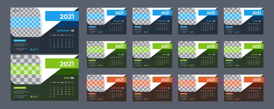 Modern 3 color desk calendar for 2021 vector