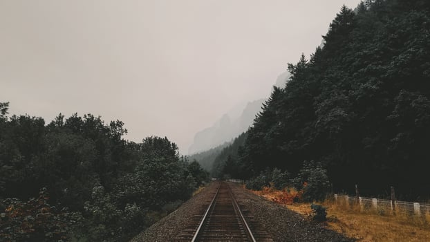 Rail road tracks with mountains in distance photo