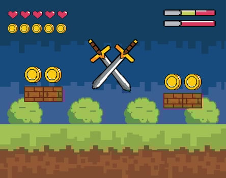 Videogame scene with pixel-style swords vector