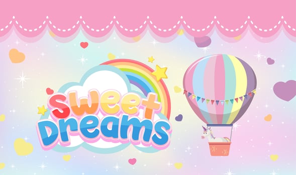 Sweet dreams lettering with pastel-color balloon and unicorn vector