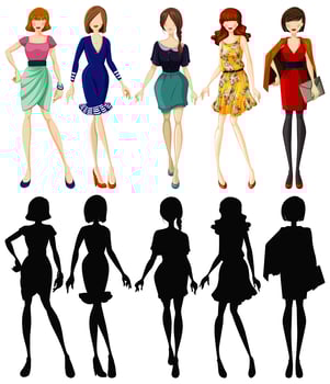 Set of fashionable ladies with silhouettes vector