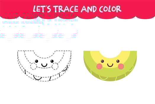 Trace and color cute Honeydew Melon educational worksheet vector