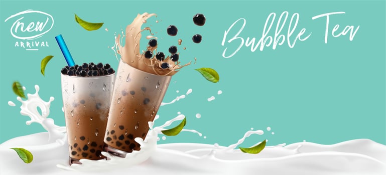 Bubble tea in milk splash advertisement banner vector