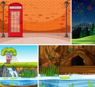 Four different scenes in cartoon style vector