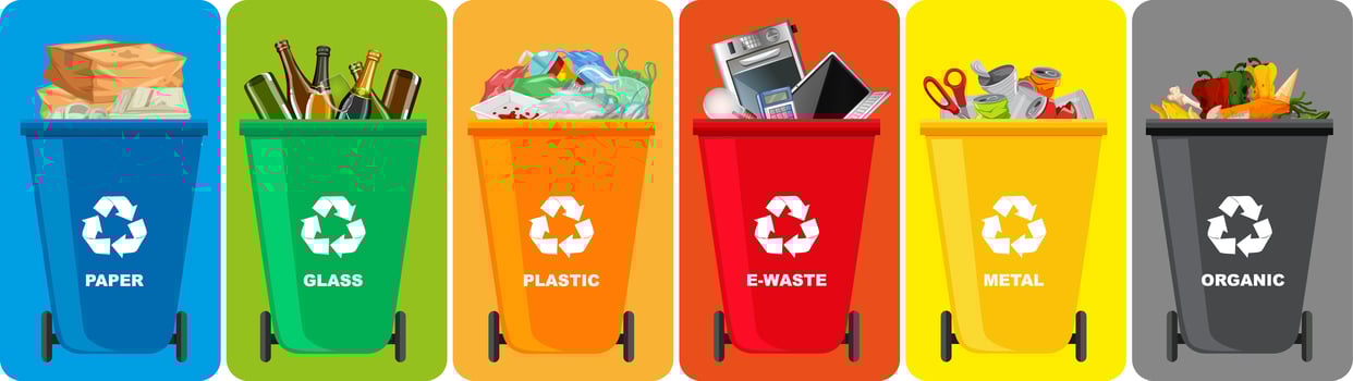 Colorful recycle bins with recycle symbol isolated vector