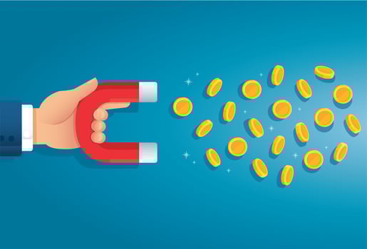 Hand holding magnet attracting money concept vector