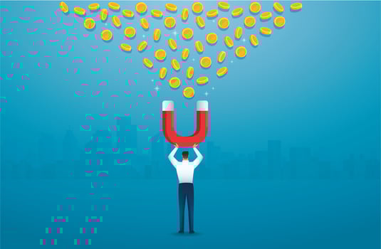 Man holding magnet, attracting money concept vector