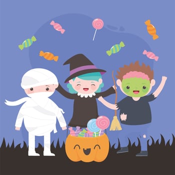 Halloween costume characters with pumpkin and cany vector