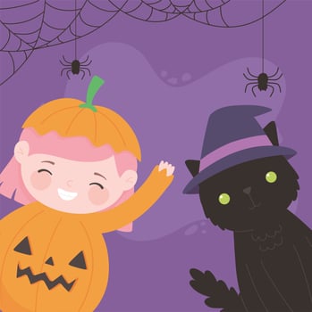 Happy Halloween, pumpkin girl with cat vector