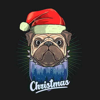 Pug head with Christmas hat over winter scene vector