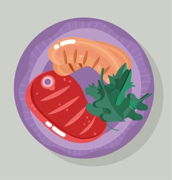 Food dinner in dish. Beef steak and sausage. vector