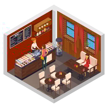 Isometric coffee shop, bistro or restaurant interior vector