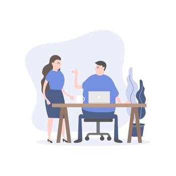 Man and woman staff talking at desk vector
