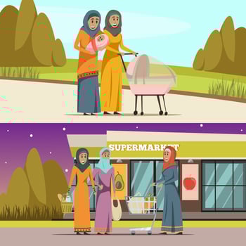 Middle Eastern women doing daily activities banner set vector