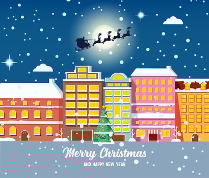 Christmas townscape with Santa Claus flying in sled vector