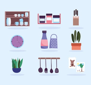 Kitchen interior icon set vector