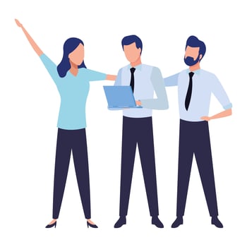 Business coworkers with arms out and laptop vector