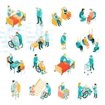Isometric elderly people at nursing home set vector