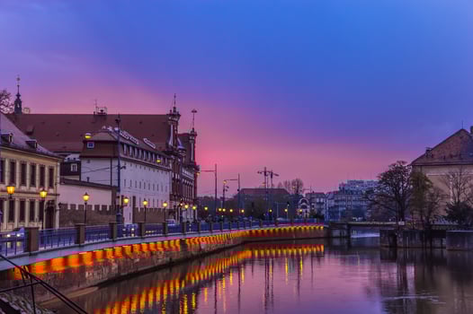 City and water at sunset photo