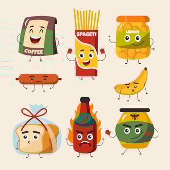 Various Anthropomorphic Grocery Food Packages vector