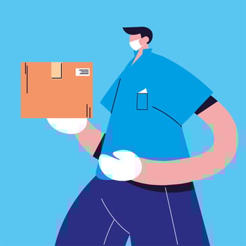 Delivery man with face mask carries cardboard box vector