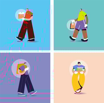 Delivery men with masks in different poses vector