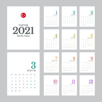 Turkish 2021 calendar template vector
