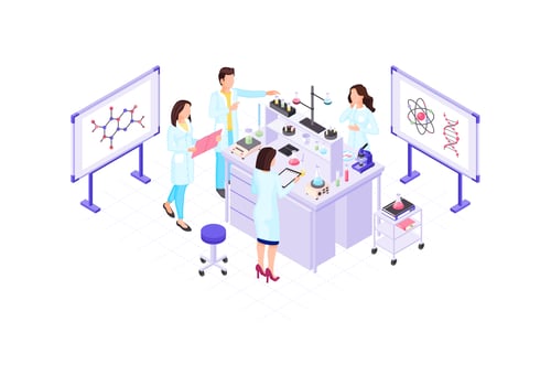 Scientists, chemists, geneticist, research workers isometric color vector illustration