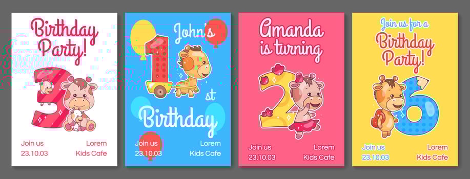 Kids Birthday party invitation card vector templates set.