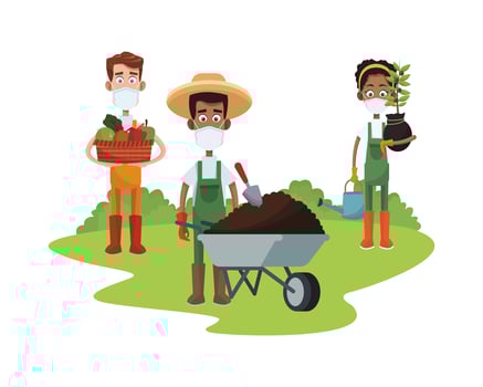 Diverse group of farmers wearing medical masks vector