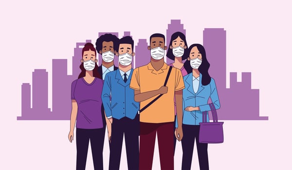 Young interracial people wearing medical masks characters vector