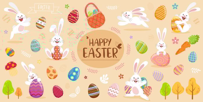 Happy Easter banner with rabbits, eggs, and foliage vector