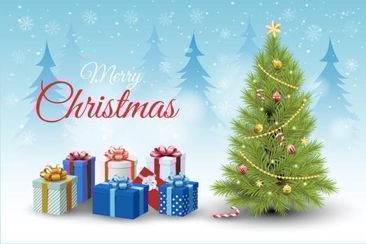 Gifts and Decorated Christmas Tree in Winter Landscape vector
