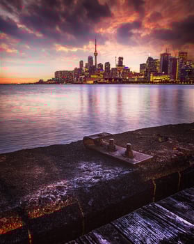 City waterfront during sunset in the evening photo