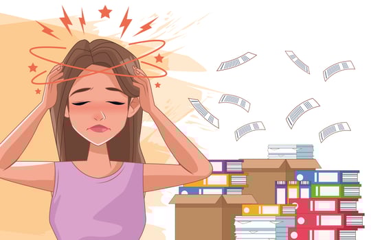 Woman with headache stress symptom and documents pile vector