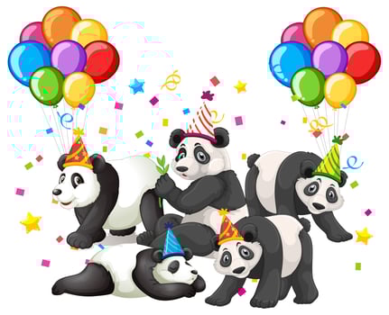 Cartoon panda group in party theme vector