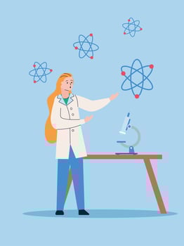 Female scientist with microscope and atoms vector