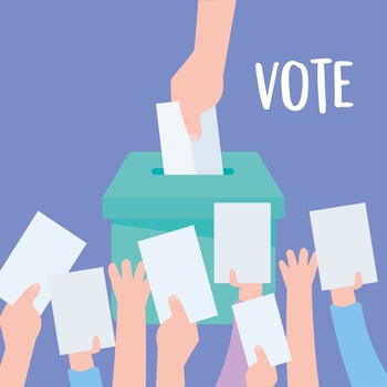 Hands putting papers votes in box vector