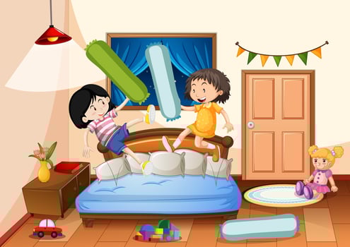 Bedroom with many toys and two girls vector
