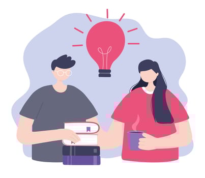 Online training, man and woman with books and coffee cup vector
