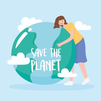 Save the planet, woman hugs Earth with clouds vector